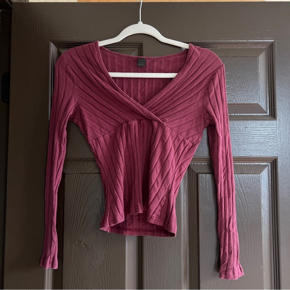 SHEIN Ribbed V-Neck Long Sleeve Top - Deep Red - Picture 2 of 5